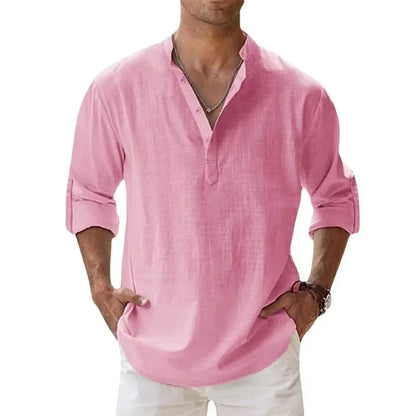 Men's Cotton Linen Henley Shirt – Long Sleeve Casual Beach Top