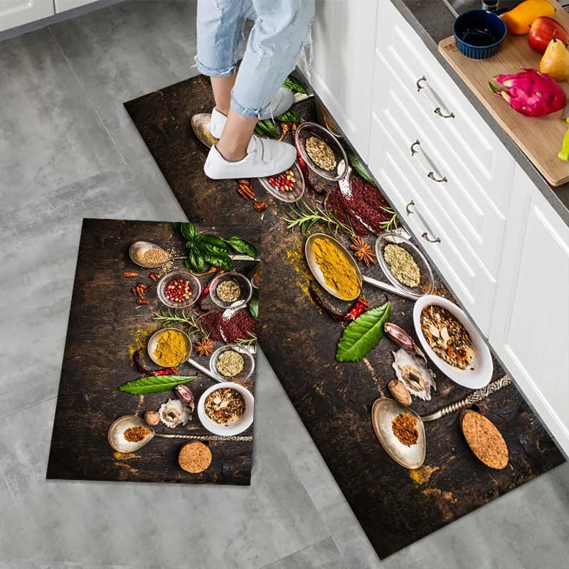Kitchen Rug Set 2-Piece – Non-Slip Spice Print Floor Mats