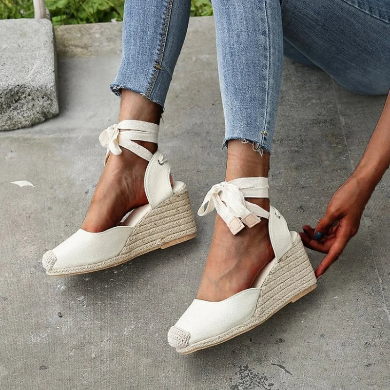 Women's Espadrille Wedge Sandals – Ankle Strap Lace-Up Canvas Shoes