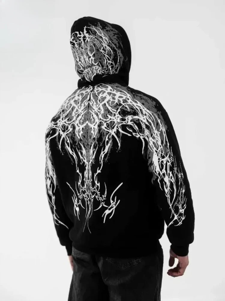 Dark Graphic Hoodie – Luminous Magic Sword Print Streetwear