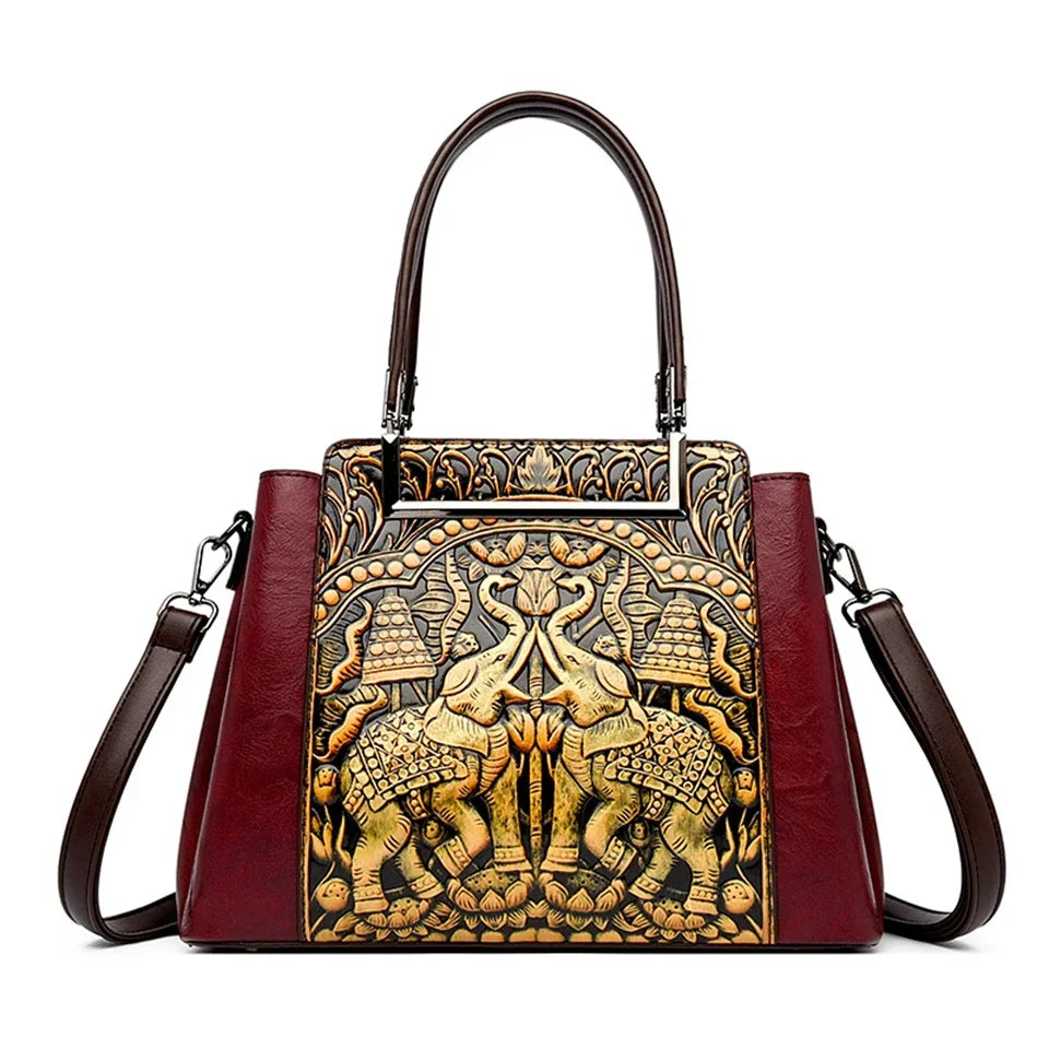 Vintage Embossed Handmade Handbag Women Versatile Pu Leather Shoulder Bag 3 Layers Large Capacity