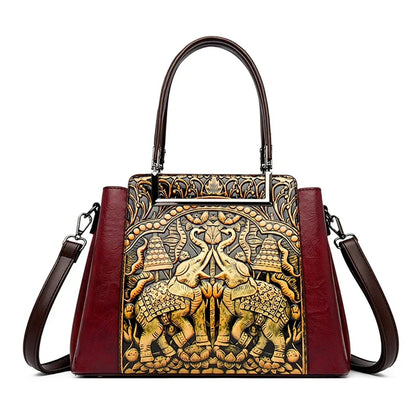 Vintage Embossed Handmade Handbag Women Versatile Pu Leather Shoulder Bag 3 Layers Large Capacity
