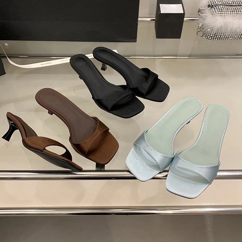 Women's Silk Open Toe Slide Sandals – Elegant Low Heel Dress Slippers