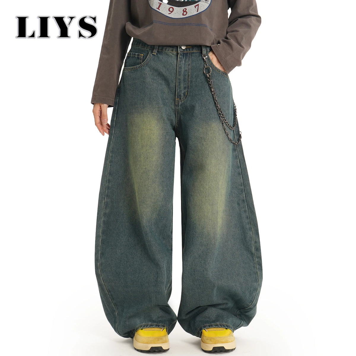 Men S American Retro Machete Wide-Leg Denim Pants Baggy Jeans Vintage Cut Curved Knife Loose Fit