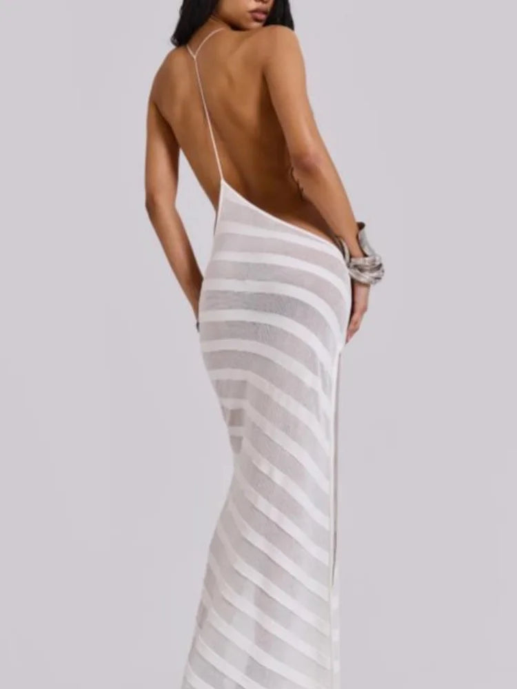 Mesh See-Through Halter Maxi Dress – Sexy Backless Bodycon