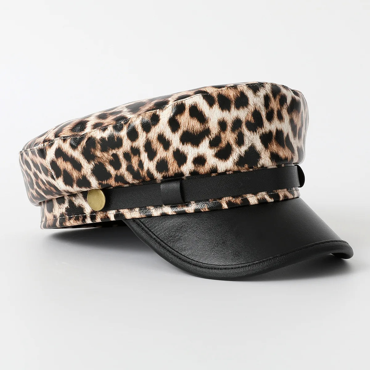 Leopard Print Military Cap for Women – Vintage Y2K Flat Sailor Hat