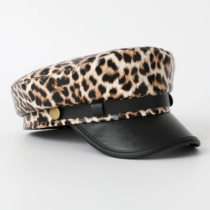Leopard Print Military Cap for Women – Vintage Y2K Flat Sailor Hat