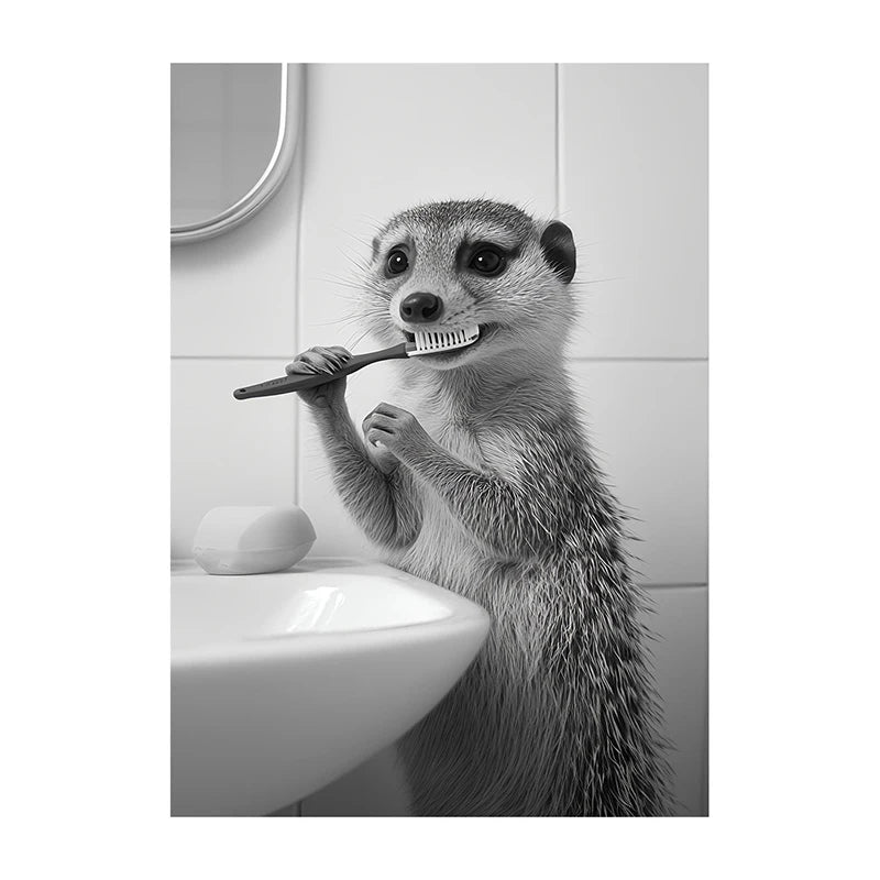 Funny Animal Bathroom Wall Art Poster – Black & White Vintage Print
