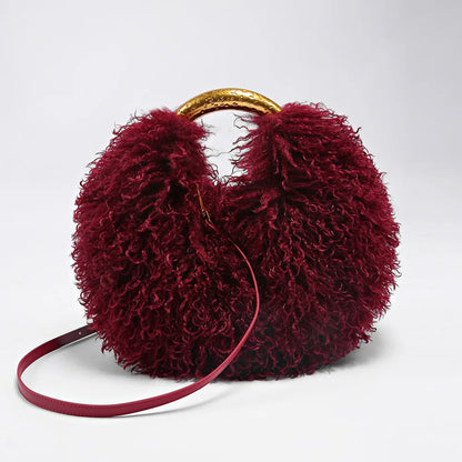 Faux Fur Shoulder Bag – Fluffy Round Handbag with Gold Handle