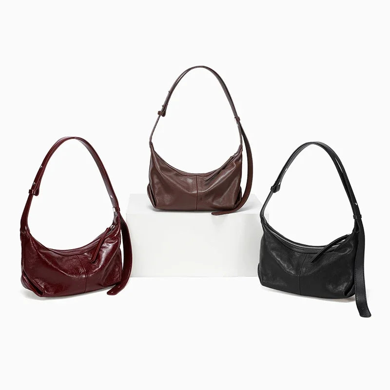 Burgundy Genuine Cowhide Leather Underarm Bag