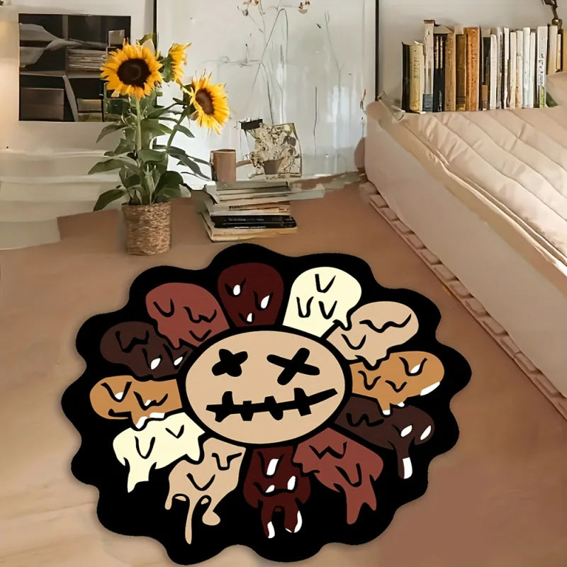 Creepy Smiley Face Round Rug – Soft Bedroom & Gaming Room Floor Mat