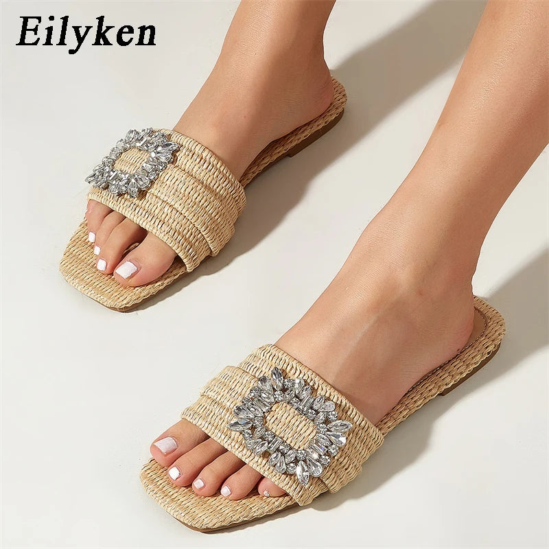 Rhinestone Crystal Woven Flat Slide Sandals – Women's Summer Slippers