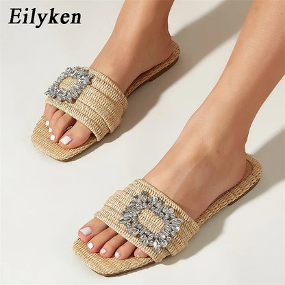 Rhinestone Crystal Woven Flat Slide Sandals – Women's Summer Slippers