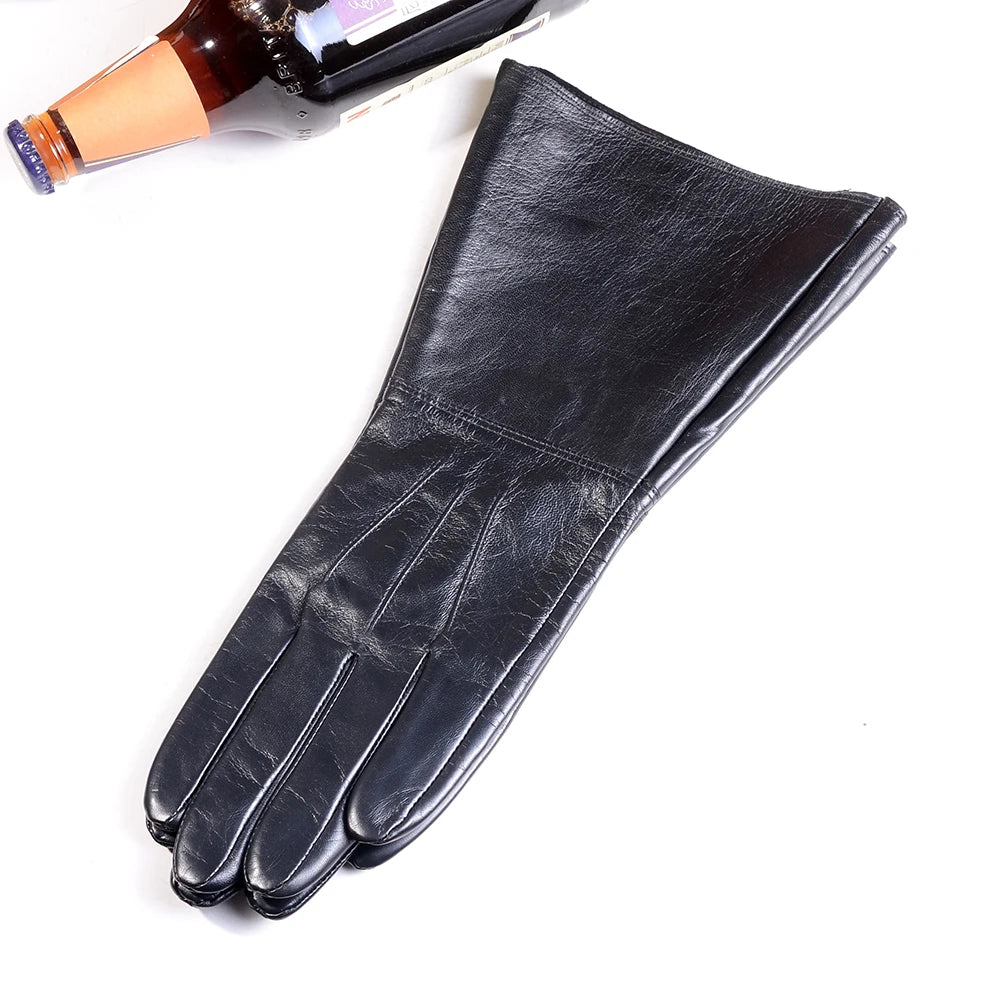Men's Goatskin Leather Long Cuff Motorcycle Gauntlet Gloves