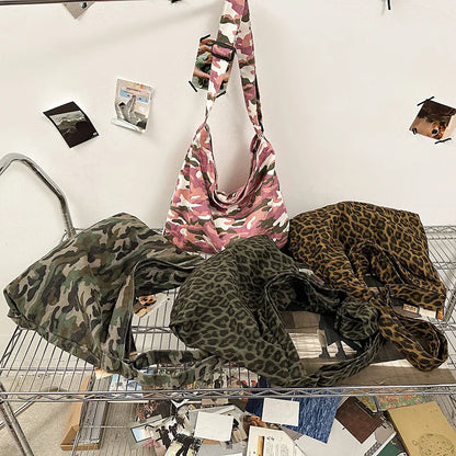 Leopard Print Canvas Shoulder Bag Large Capacity Tote for Women
