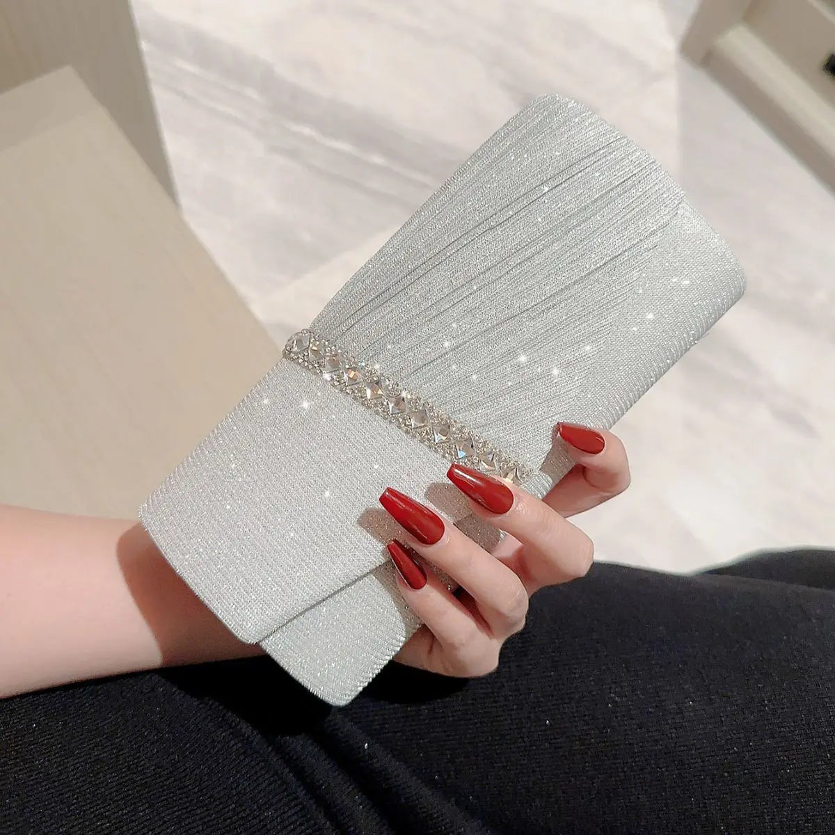 Ladies Glitter Silver Clutch Bag Envelope Evening Bag