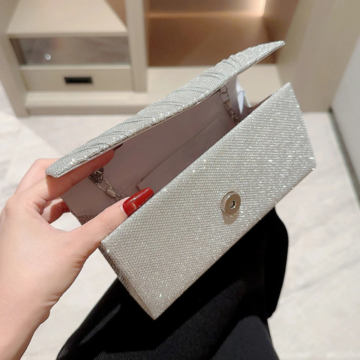 Ladies Glitter Silver Clutch Bag Envelope Evening Bag