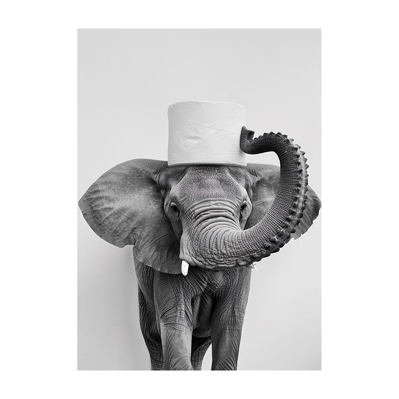 Funny Bathroom Wall Art Poster – Black & White Animal Toilet Paper Print
