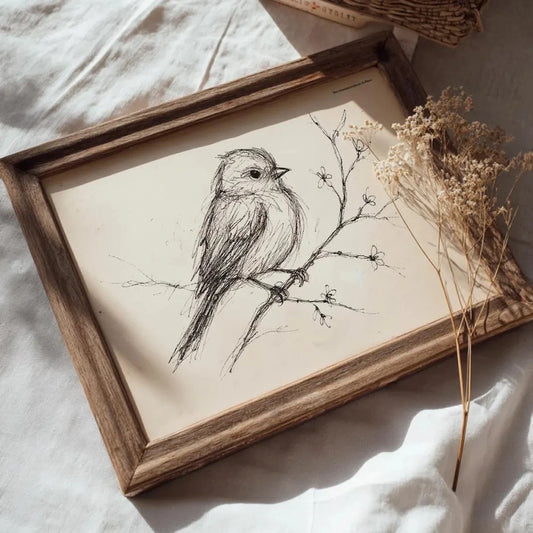Vintage Bird Sketch Wall Art Print – Black & White Rustic Decor
