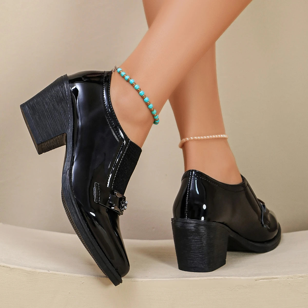 Women's Pointed Toe Block Heel Shoes – British Style Patent Leather