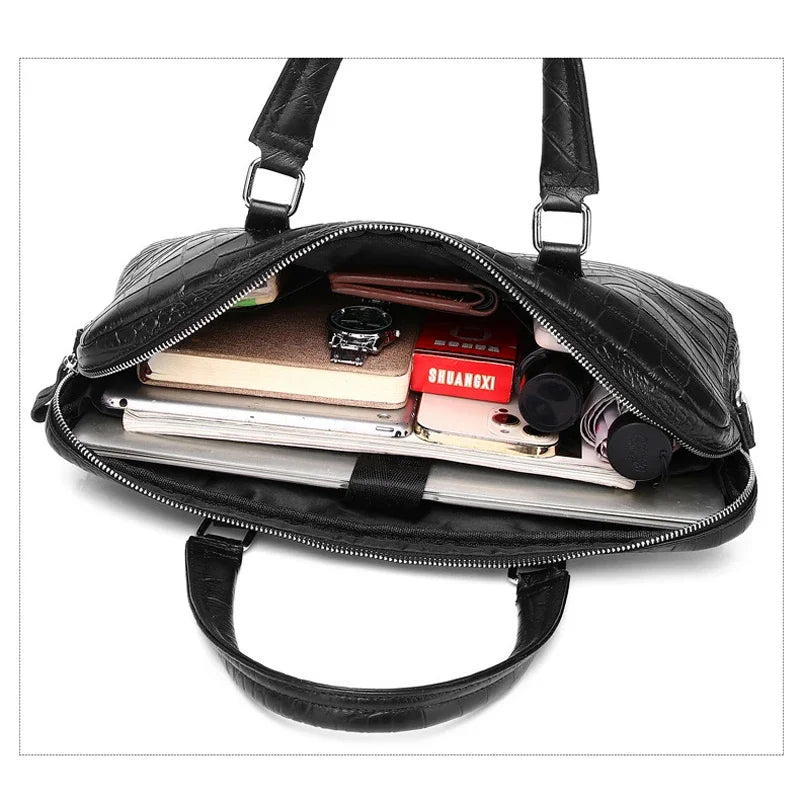 Men's Genuine Leather Briefcase – Crocodile Embossed Laptop Bag
