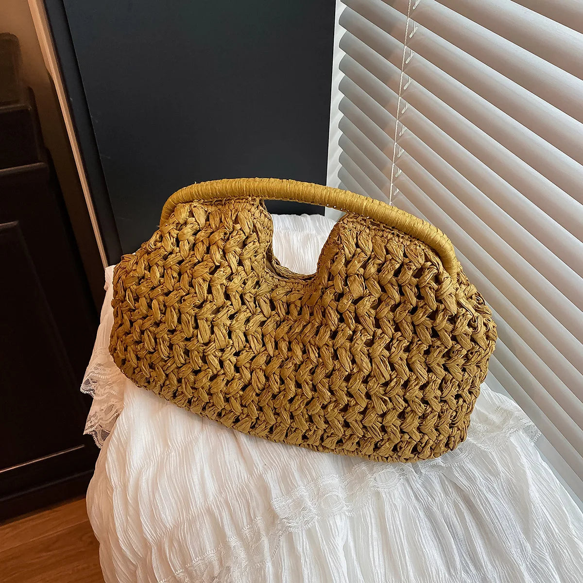 Woven Straw Top Handle Bag for Women – Boho Summer Handbag