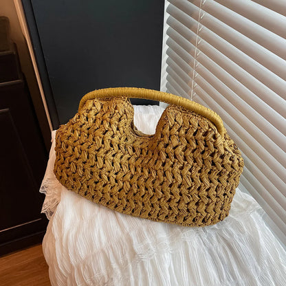 Woven Straw Top Handle Bag for Women – Boho Summer Handbag