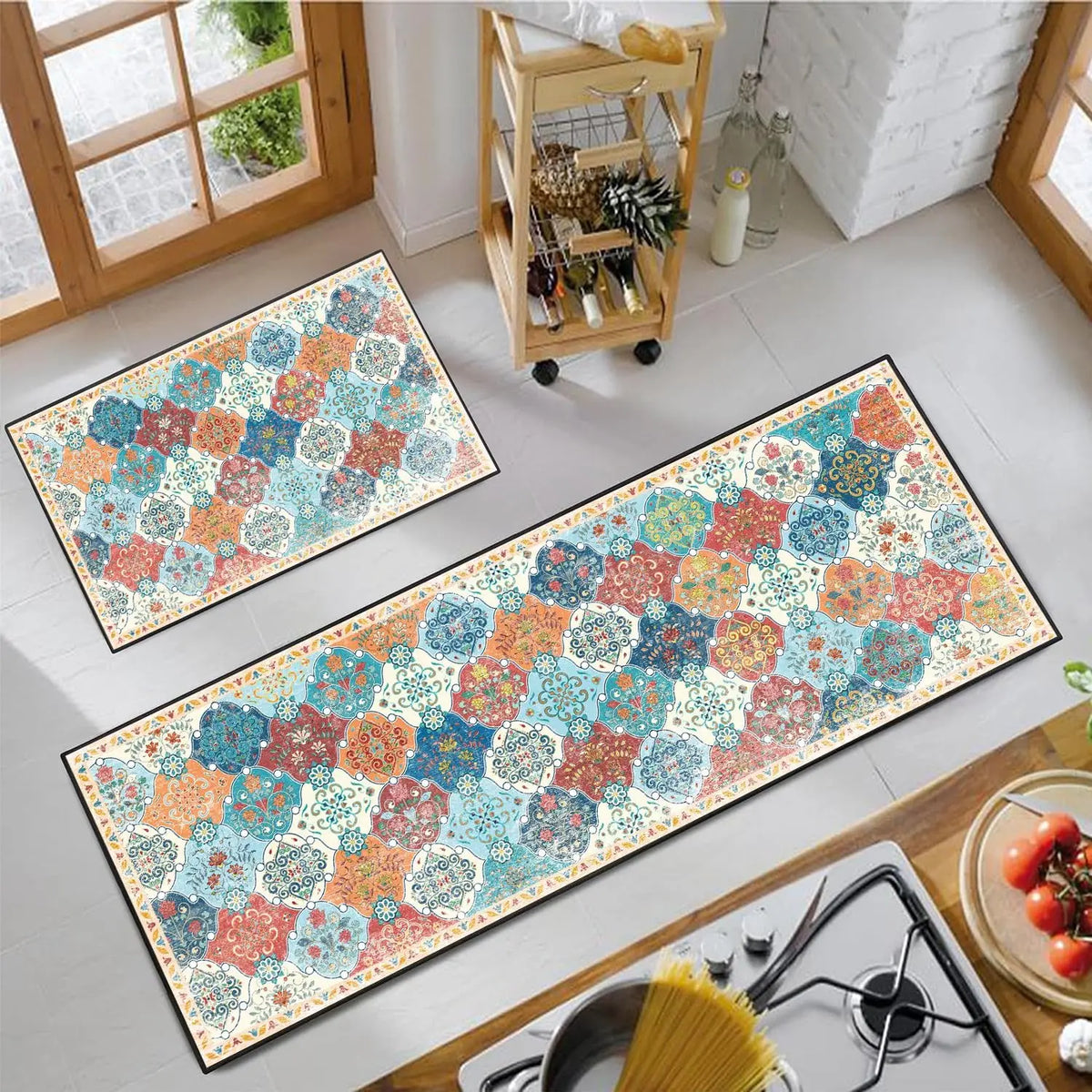 2-Piece Boho Kitchen Rug Set – Stain-Resistant Floral Patchwork Mat