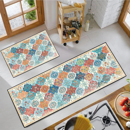 2-Piece Boho Kitchen Rug Set – Stain-Resistant Floral Patchwork Mat