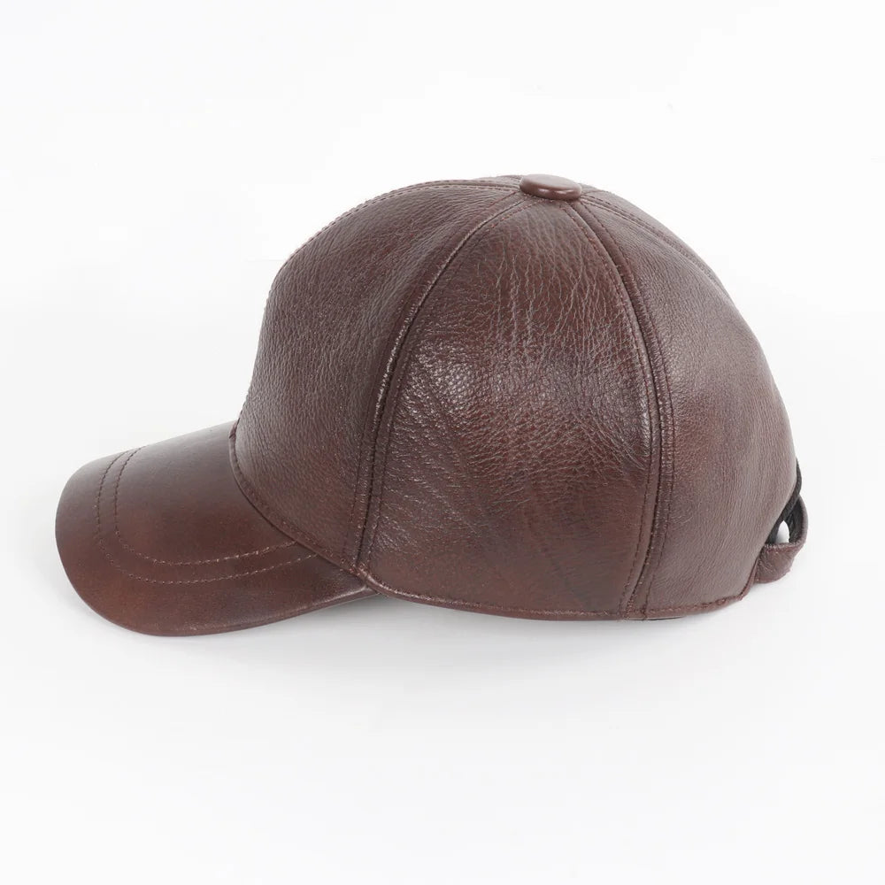 Men's Genuine Leather Baseball Cap with Earflaps