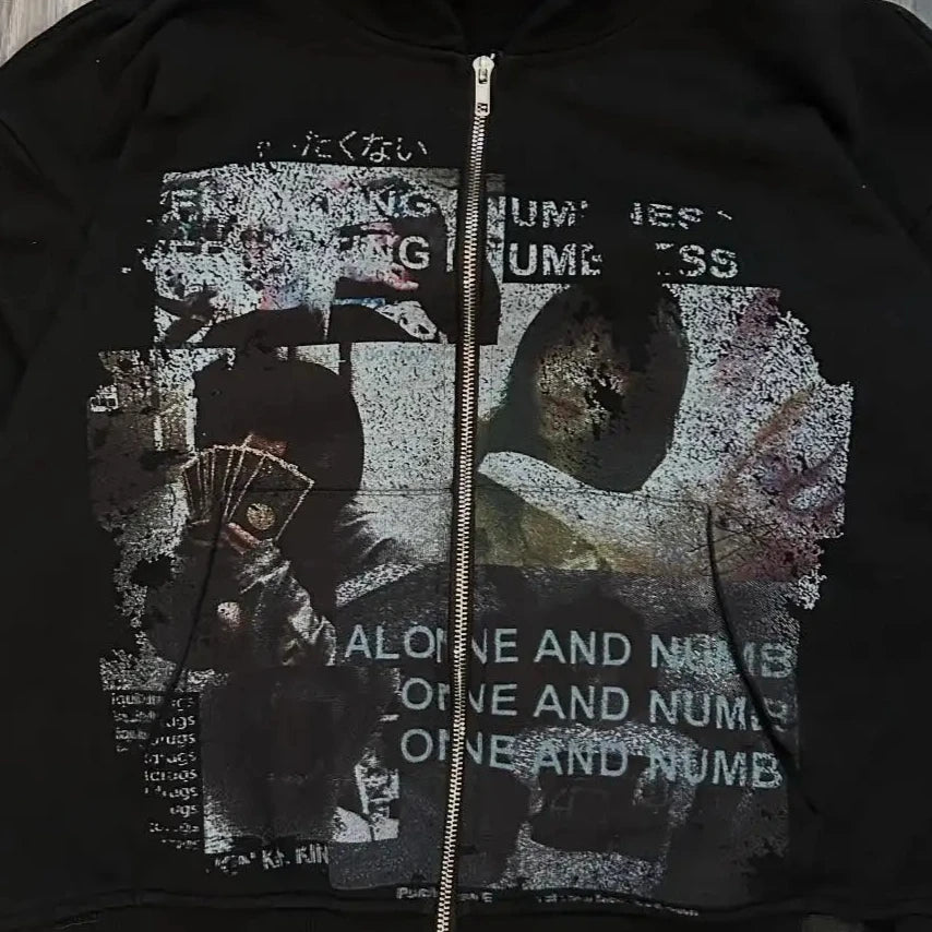 Grunge Zip-Up Oversized Hoodie – Gothic Streetwear Sweatshirt