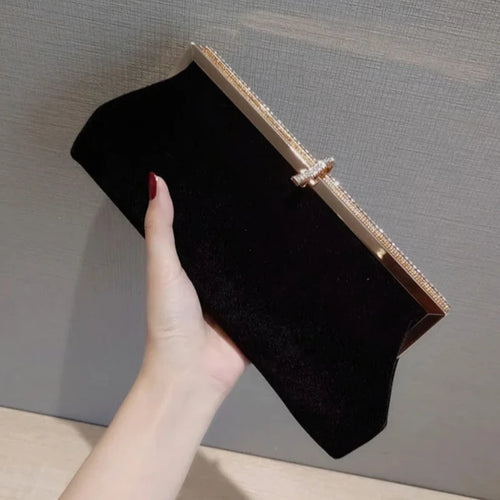 Women Retro Black Velvet Evening Clutch Bag