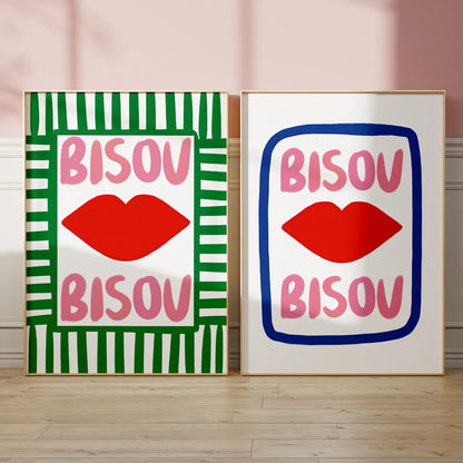 Bisou Bisou French Quote Wall Art Poster – Pink & Blue Maximalist Print