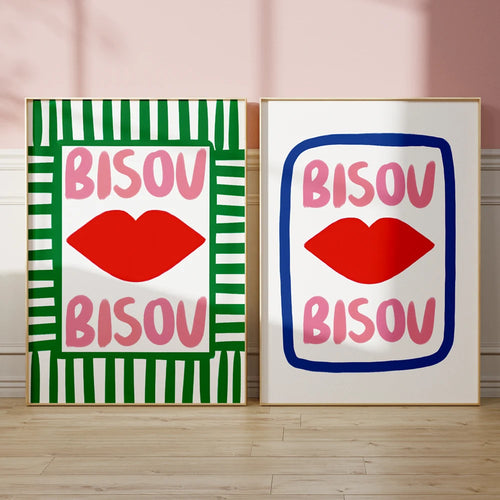 Bisou Bisou French Quote Wall Art Poster – Pink & Blue Maximalist Print