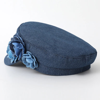 Women's Denim Military Cap with 3D Flower Detail