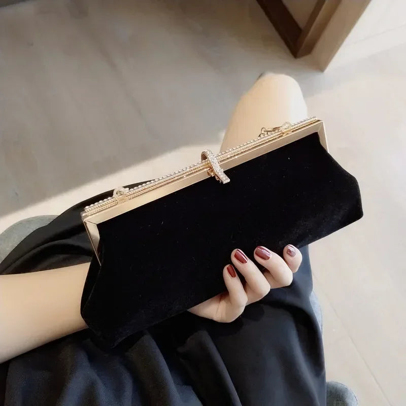 Women Retro Black Velvet Evening Clutch Bag