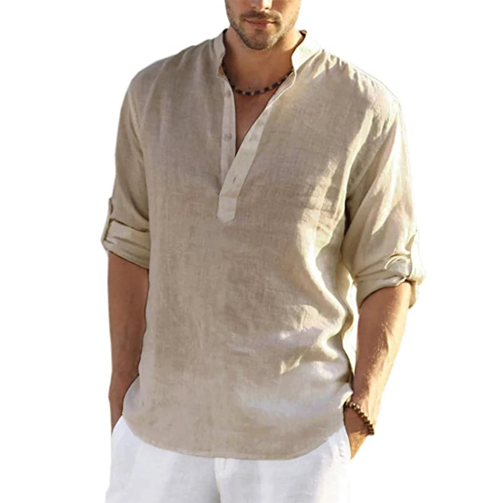Men's Cotton Linen Long Sleeve Shirt – Casual Loose V-Neck Top S-3XL