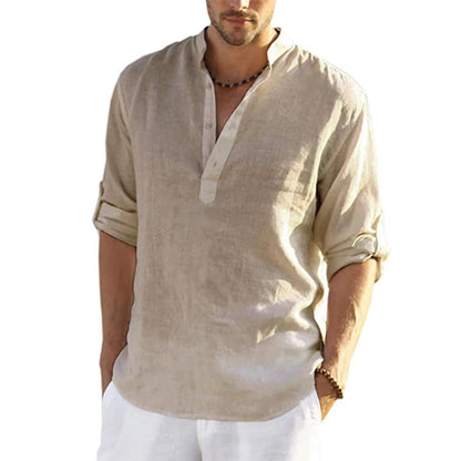 Men's Cotton Linen Long Sleeve Shirt – Casual Loose V-Neck Top S-3XL