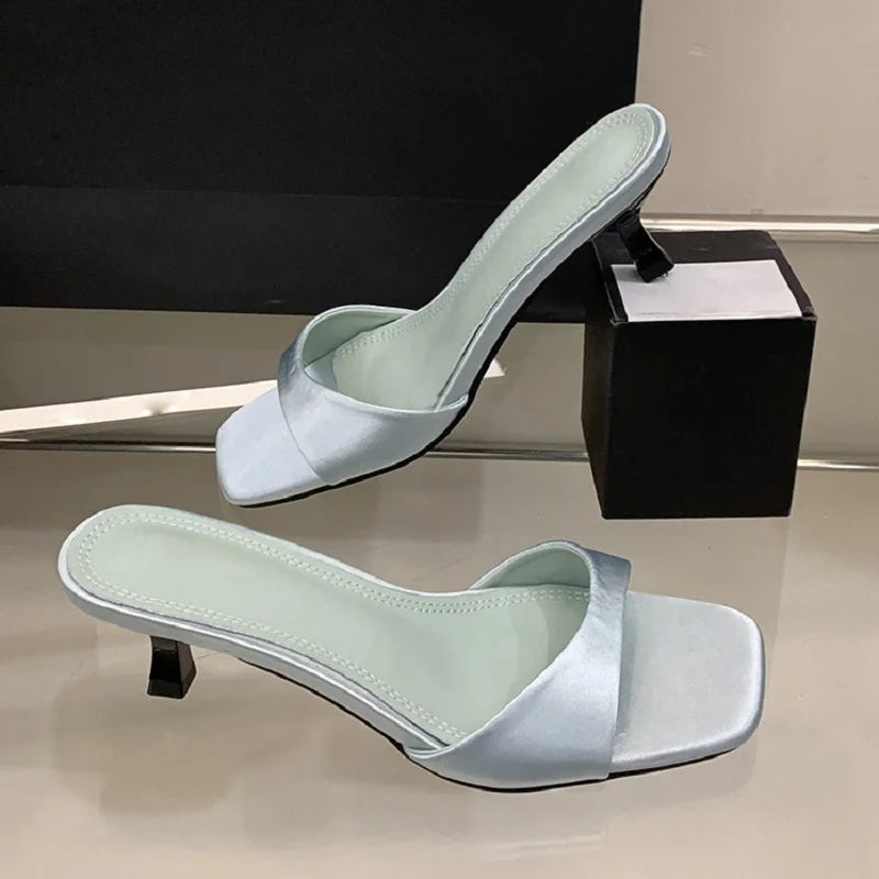 Women's Silk Open Toe Slide Sandals – Elegant Low Heel Dress Slippers
