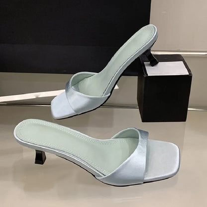 Women's Silk Open Toe Slide Sandals – Elegant Low Heel Dress Slippers