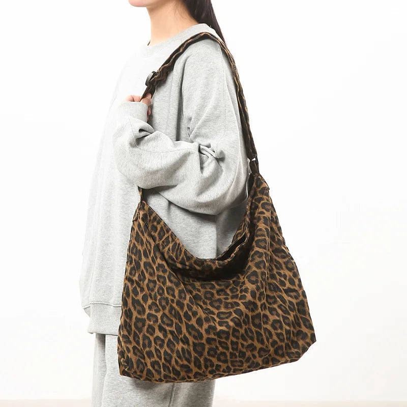 Leopard Print Canvas Shoulder Bag Large Capacity Tote for Women