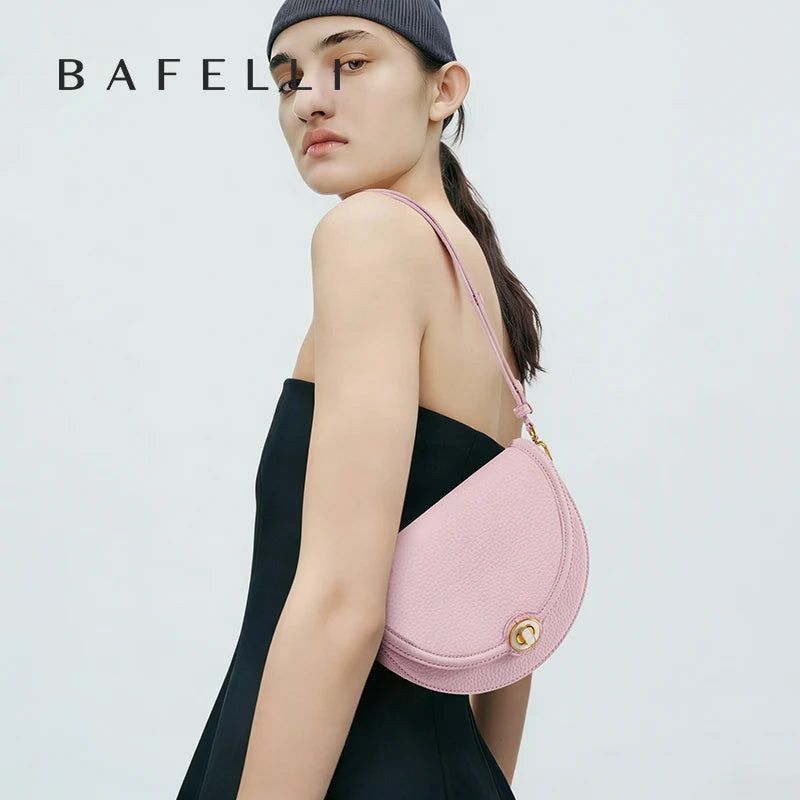 Designer Half-Moon Saddle Bag Top Grain Leather Mother-Of-Pearl Clasp - Light Luxe All-Leather