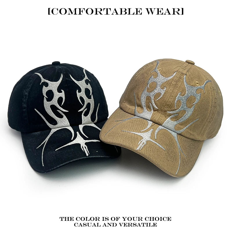 Flame Embroidered Baseball Cap – Y2K Street Style Hat for Men & Women