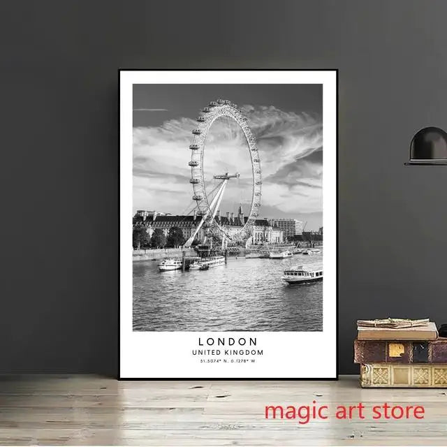City Travel Poster – Black & White Landmark Wall Art Print for Home Decor