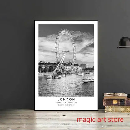 City Travel Poster – Black & White Landmark Wall Art Print for Home Decor