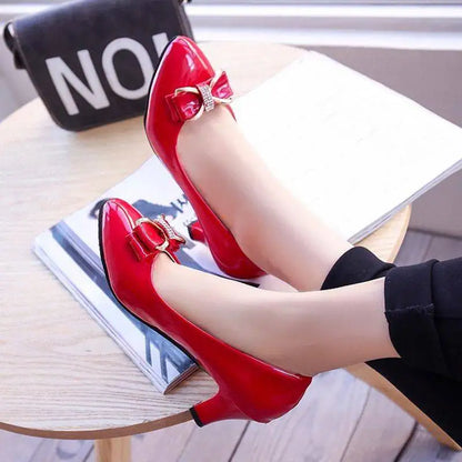 Women's Low Block Heel Pumps with Bow Detail