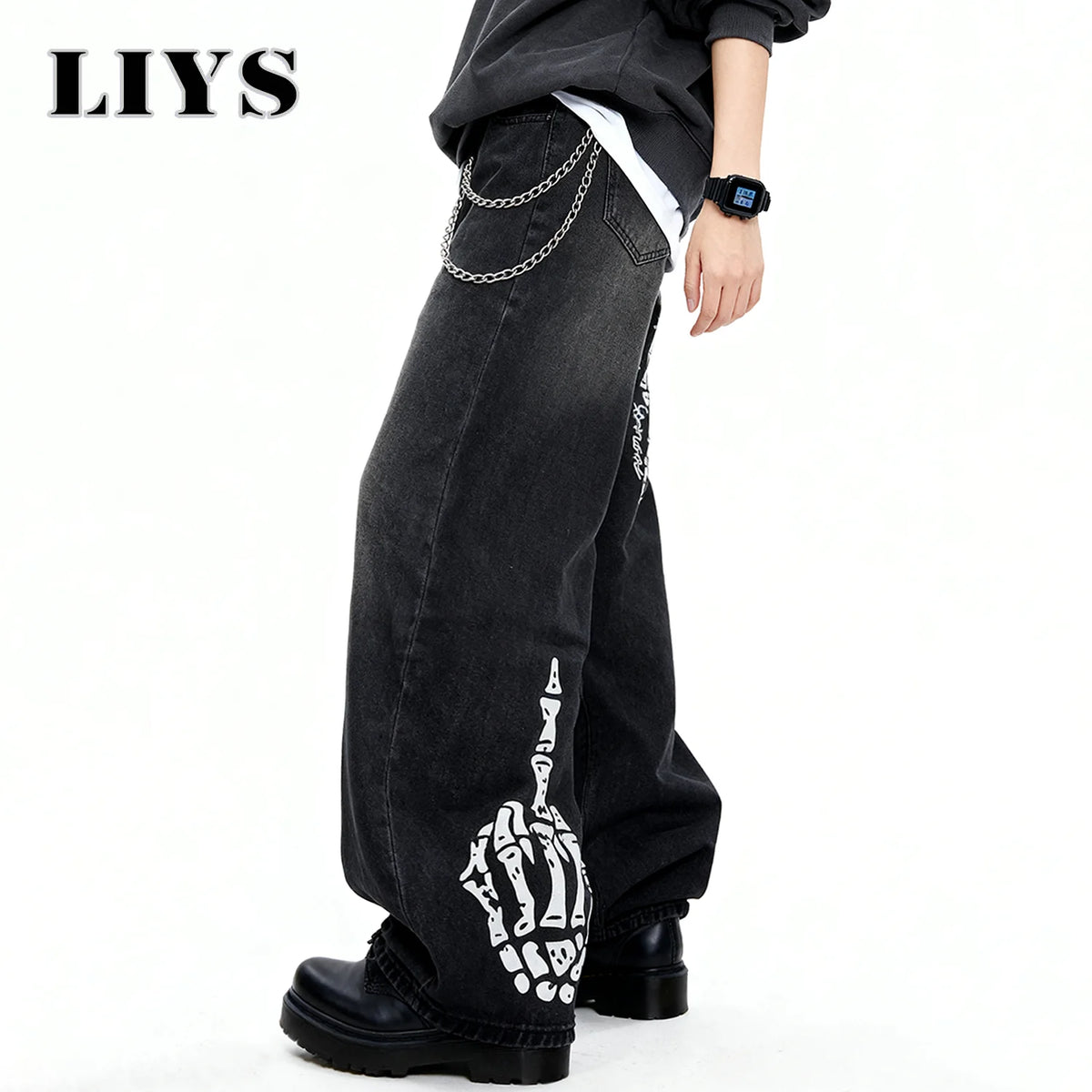 Men S Black Skull Finger Print Baggy Wide Leg Jeans Spring Summer Loose Straight Denim Pants Women