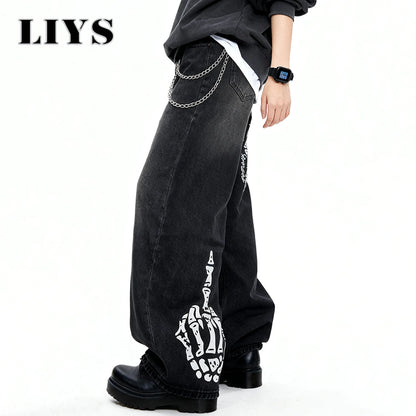 Men S Black Skull Finger Print Baggy Wide Leg Jeans Spring Summer Loose Straight Denim Pants Women