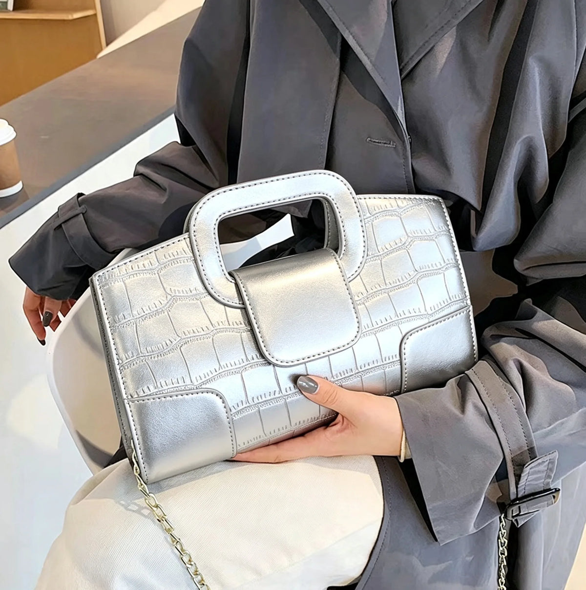 Vintage Crocodile Grain PU Leather Evening Bag
