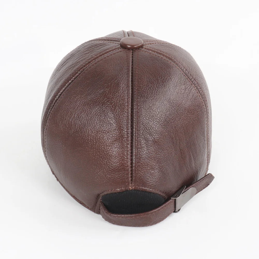 Men's Genuine Leather Baseball Cap with Earflaps